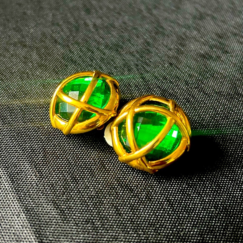 Vintage Joan Rivers Earrings Green Stones in Gold Cage Clip-On Art Deco Glam